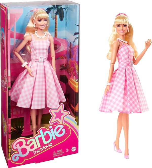 Barbie The Movie Doll, Margot Robbie as Barbie, Collectible Doll Wearing Pink and White Gingham Dress with Daisy Chain Necklace (Copy)