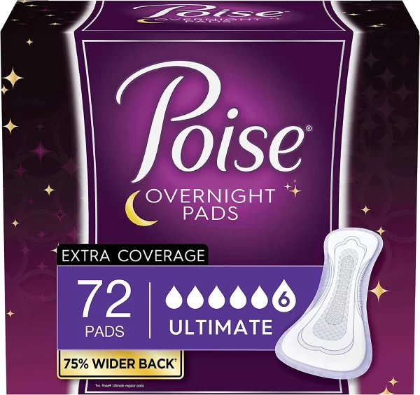 Poise Overnight Incontinence Pads For Women, Ultimate Absorbency, 72 Count (2 Packs Of 36) (Packaging May Vary)