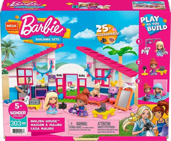 MEGA Barbie Building Toys Playset, Malibu Dream House with 303 Pieces, 2 Micro-Dolls, Accessories and Furniture, 3 Pets (Copy)